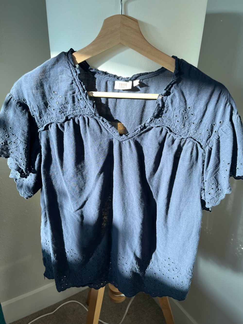 True Craft Navy Eyelet Cotton Peasant Top